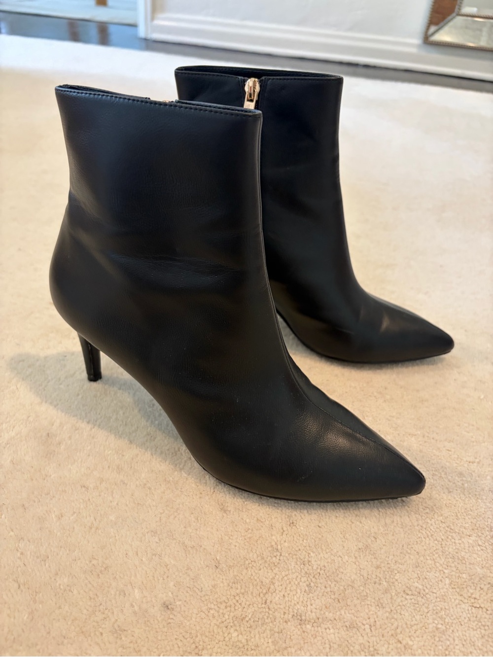 RAYE Black Pointed-Toe Leather Ankle Booties with Side Zip
